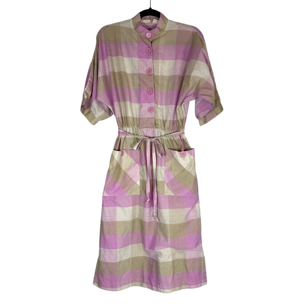 Vintage 80s Plaid Checkered Dress Button Down Small Retro Pastel Picnic Cottage